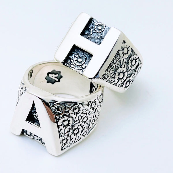 Floral Initial Silver Ring