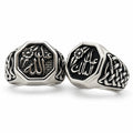 Two octagon sterling silver signet rings with Arabic names: antique (oxidized) finish on the left, black enamel finish on the right