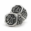 Two octagon sterling silver signet rings with Arabic names, a flower motif and woven knot sides, by Maison Assam