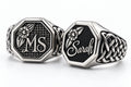 Octagon sterling silver signet rings personalized with the initials MS and the name Sarah, by Maison Assam