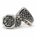 Octagon sterling silver signet ring with an Arabic name on a woven background, and the woven knot pattern on the side